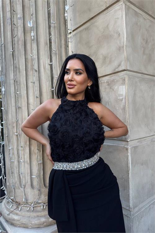 Dipmoda kadın premium gül detaylı bel taş kemerli tasarım abiye elbise DPNC2527