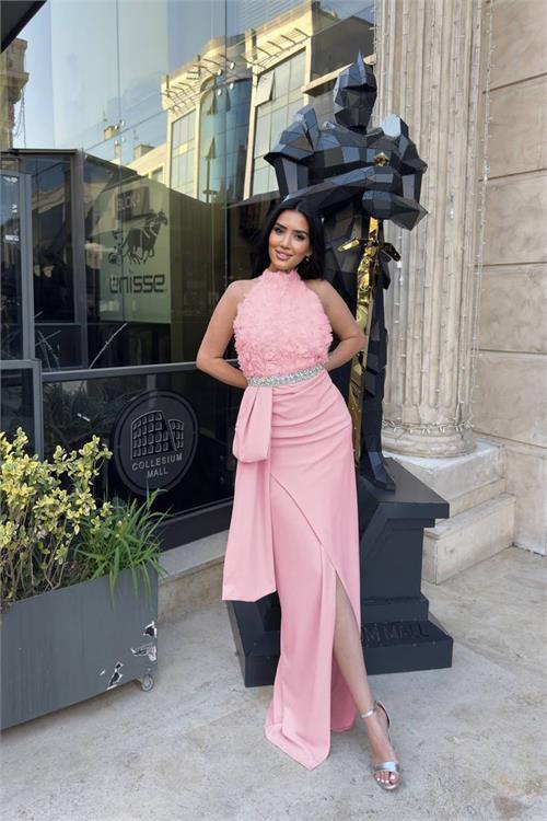 Dipmoda kadın premium gül detaylı bel taş kemerli tasarım abiye elbise DPNC2527