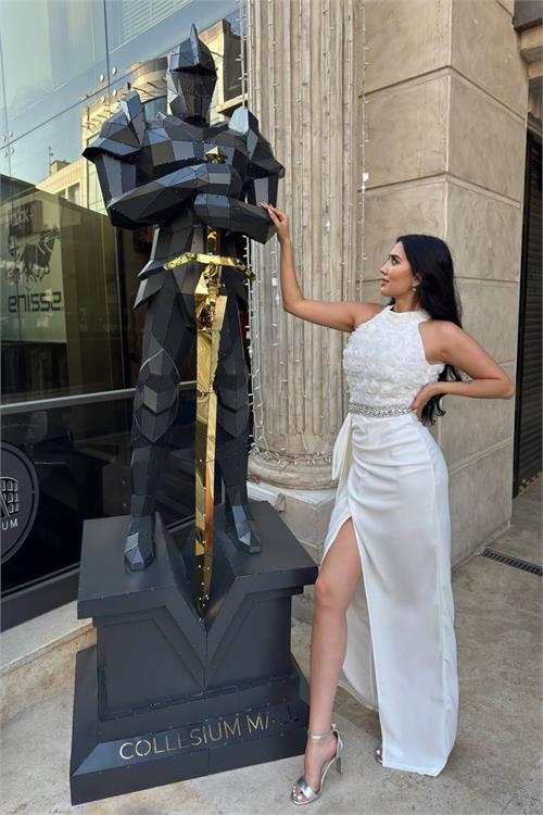 Dipmoda kadın premium gül detaylı bel taş kemerli tasarım abiye elbise DPNC2527