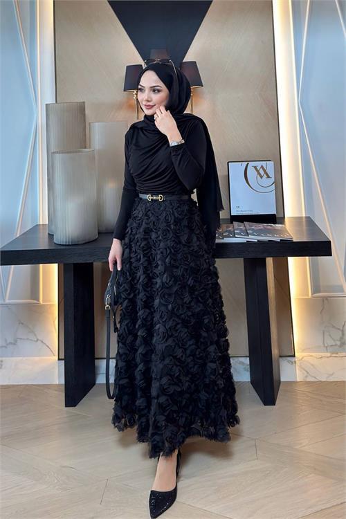 Dipmoda kadın premium gül detaylı tasarım tesettür etek NMS056