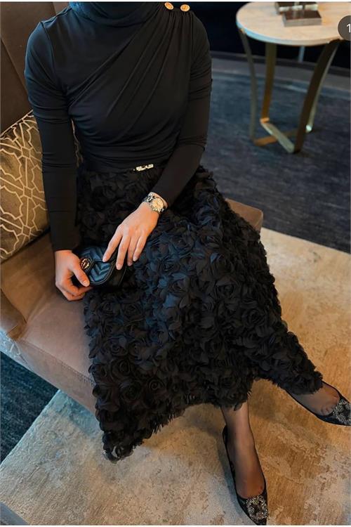 Dipmoda kadın premium gül detaylı tasarım tesettür etek NMS056