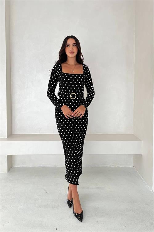 Dipmoda kadın puantiye desenli kare yaka midi yırtmaçlı elbise DPK4319