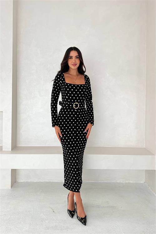 Dipmoda kadın puantiye desenli kare yaka midi yırtmaçlı elbise DPK4319