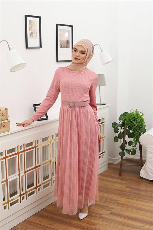 Dipmoda kadın puantiyeli tesettür elbise RSSN45 - Gül kurusu 