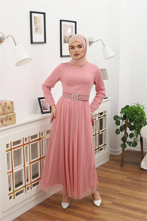 Dipmoda kadın puantiyeli tesettür elbise RSSN45 - Gül kurusu 