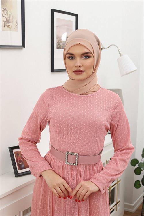 Dipmoda kadın puantiyeli tesettür elbise RSSN45 - Gül kurusu 