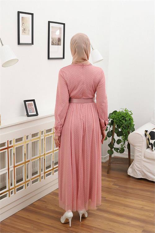 Dipmoda kadın puantiyeli tesettür elbise RSSN45 - Gül kurusu 