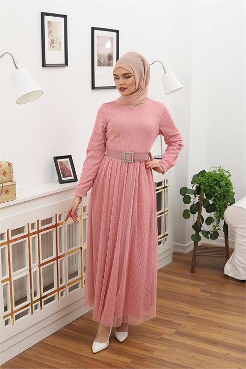 Dipmoda kadın puantiyeli tesettür elbise RSSN45 - Gül kurusu 