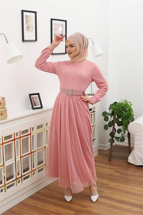 Dipmoda kadın puantiyeli tesettür elbise RSSN45 - Gül kurusu 