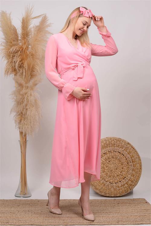 Dipmoda kadın pudra kruvaze yaka baby shower şifon hamile elbise HML003 