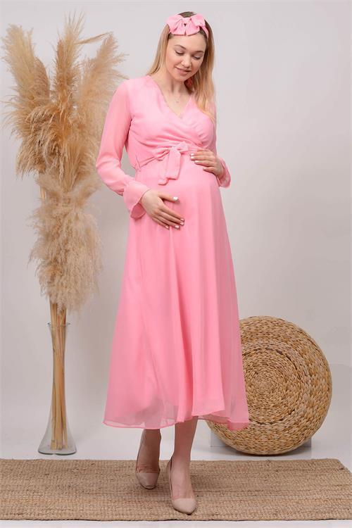 Dipmoda kadın pudra kruvaze yaka baby shower şifon hamile elbise HML003 
