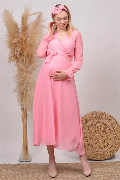Dipmoda kadın pudra kruvaze yaka baby shower şifon hamile elbise HML003 