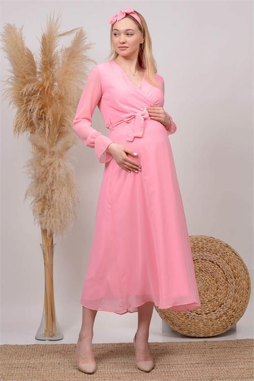 Dipmoda kadın pudra kruvaze yaka baby shower şifon hamile elbise HML003 
