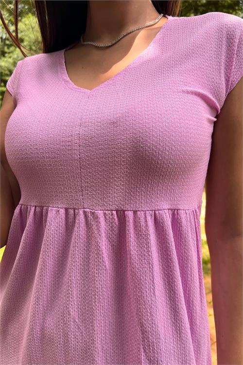 Dipmoda kadın pudra yeni sezon V-yaka eteği fırfırlı yazlık elbise LPTR02 