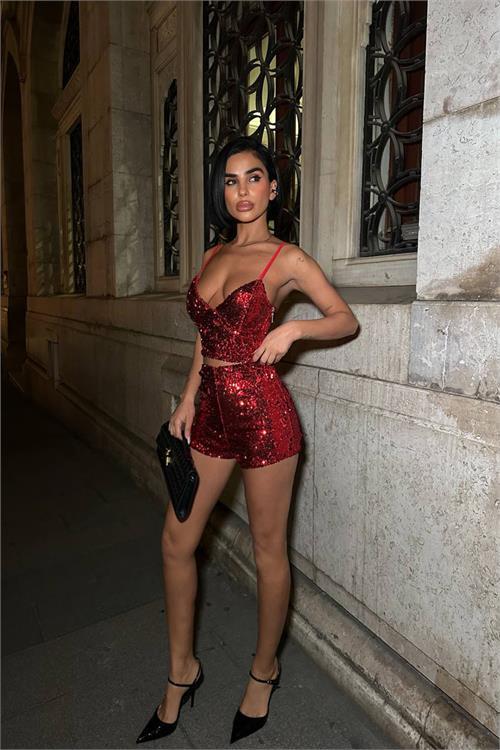 Dipmoda kadın pulpayet askılı crop şort ikili takım DPDF168