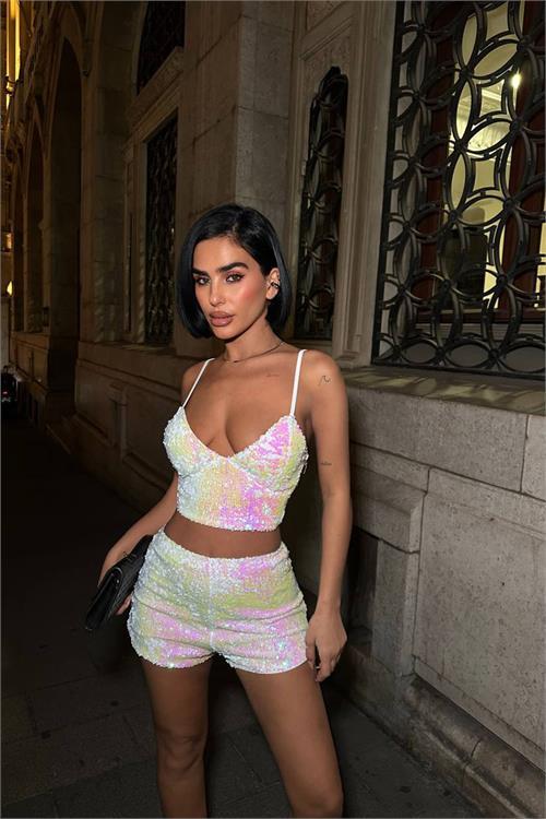 Dipmoda kadın pulpayet askılı crop şort ikili takım DPDF168