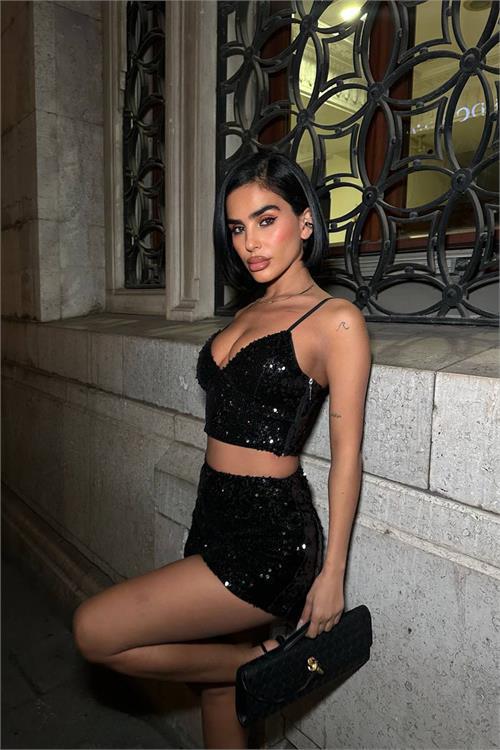 Dipmoda kadın pulpayet askılı crop şort ikili takım DPDF168