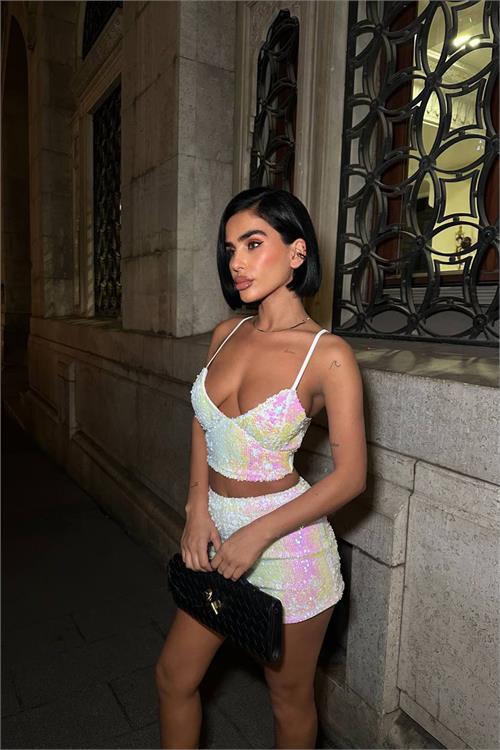 Dipmoda kadın pulpayet askılı crop şort ikili takım DPDF168