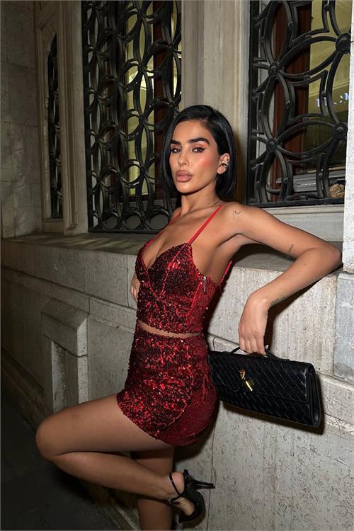 Dipmoda kadın pulpayet askılı crop şort ikili takım DPDF168