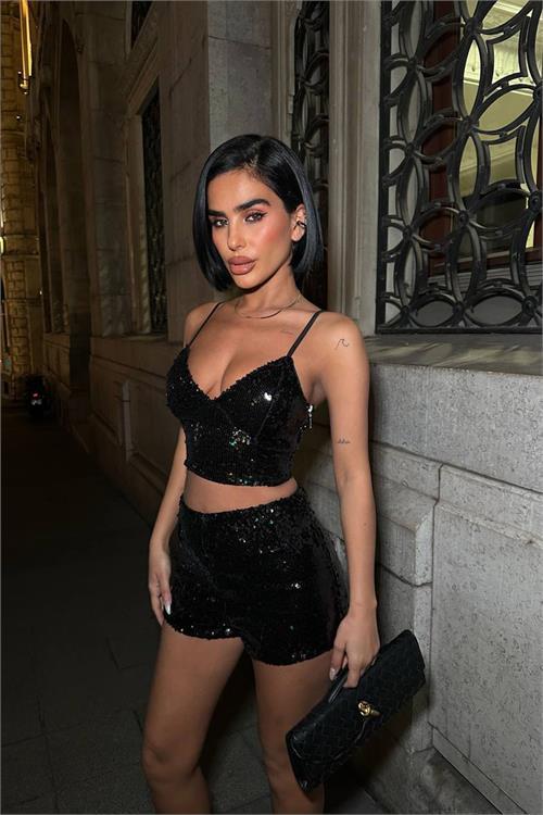 Dipmoda kadın pulpayet askılı crop şort ikili takım DPDF168