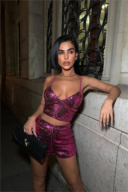 Dipmoda kadın pulpayet askılı crop şort ikili takım DPDF168