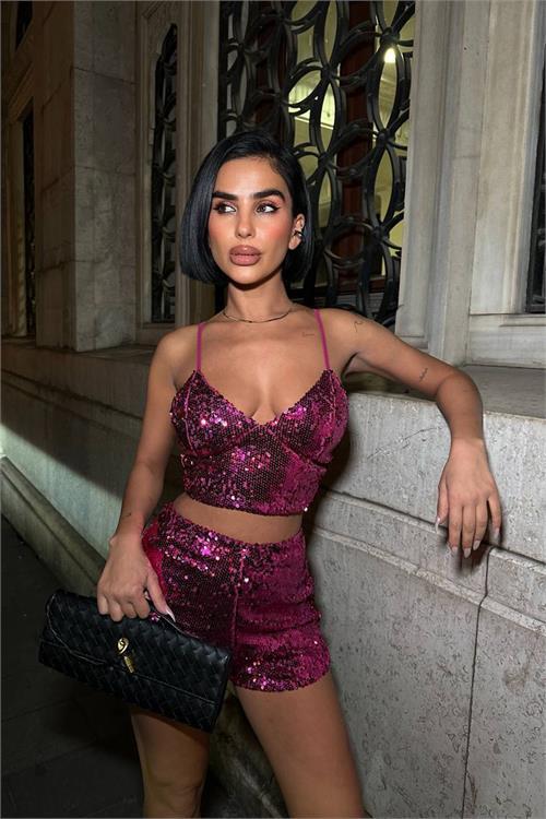 Dipmoda kadın pulpayet askılı crop şort ikili takım DPDF168