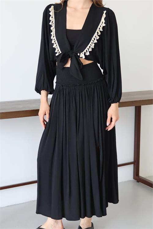 Dipmoda kadın püskül detaylı yırtmaçlı bohem takım DPNP015