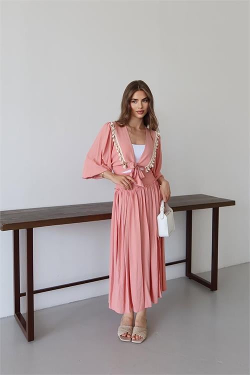 Dipmoda kadın püskül detaylı yırtmaçlı bohem takım DPNP015