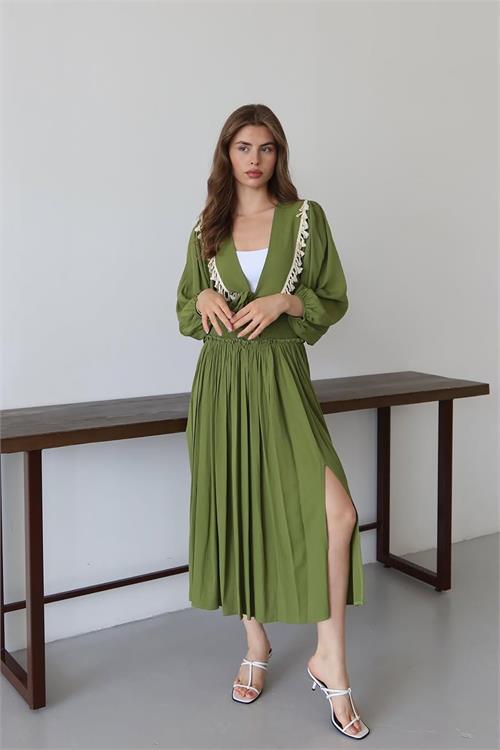 Dipmoda kadın püskül detaylı yırtmaçlı bohem takım DPNP015