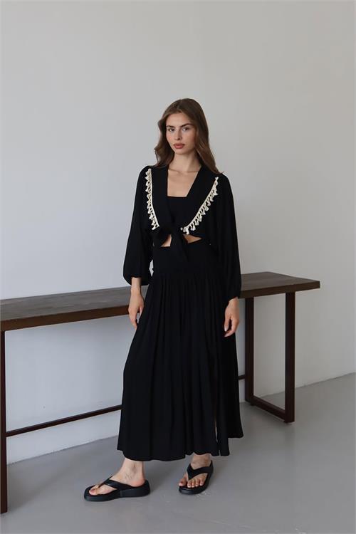 Dipmoda kadın püskül detaylı yırtmaçlı bohem takım DPNP015