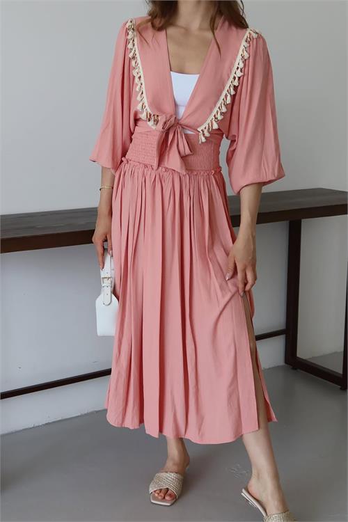 Dipmoda kadın püskül detaylı yırtmaçlı bohem takım DPNP015