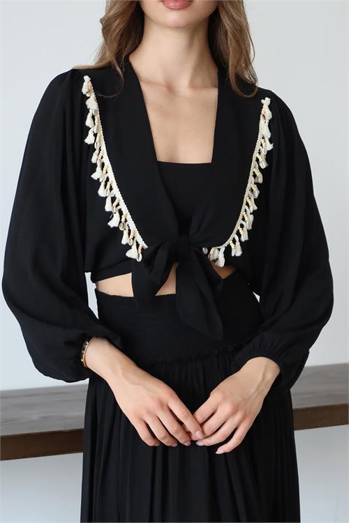 Dipmoda kadın püskül detaylı yırtmaçlı bohem takım DPNP015