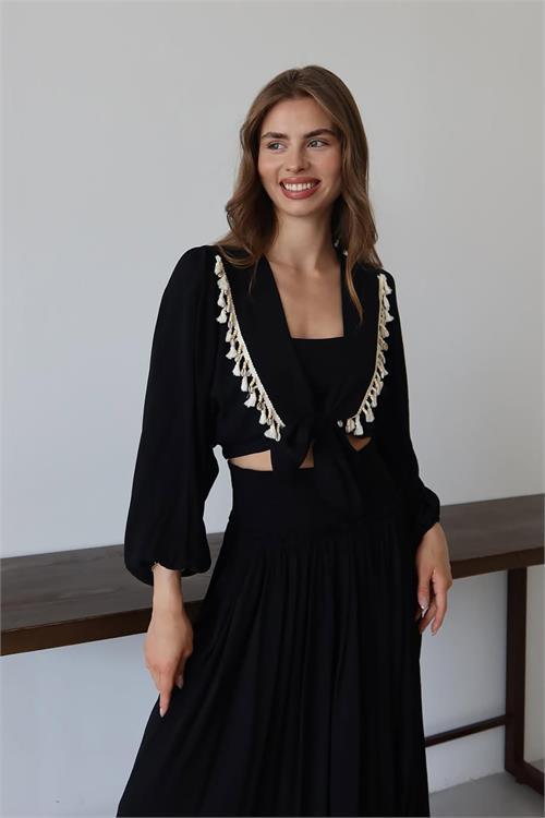 Dipmoda kadın püskül detaylı yırtmaçlı bohem takım DPNP015