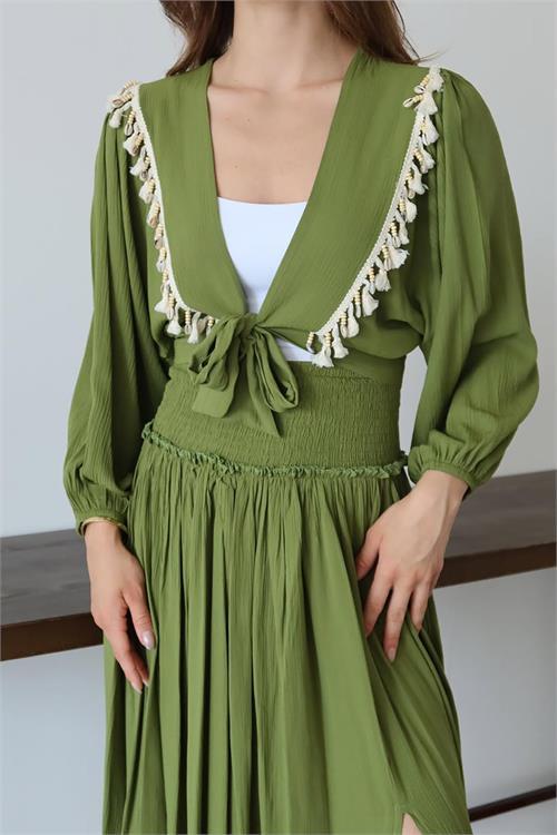 Dipmoda kadın püskül detaylı yırtmaçlı bohem takım DPNP015