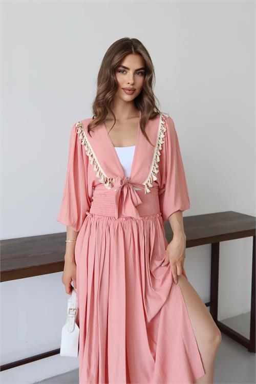 Dipmoda kadın püskül detaylı yırtmaçlı bohem takım DPNP015