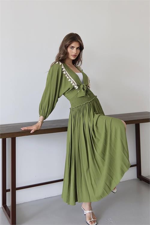 Dipmoda kadın püskül detaylı yırtmaçlı bohem takım DPNP015