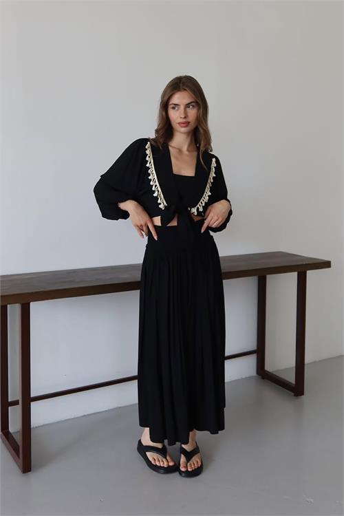 Dipmoda kadın püskül detaylı yırtmaçlı bohem takım DPNP015