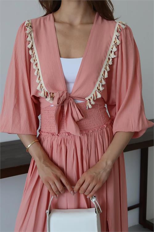 Dipmoda kadın püskül detaylı yırtmaçlı bohem takım DPNP015