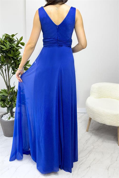 Dipmoda kadın saks drapeli tül abiye elbise DP2030