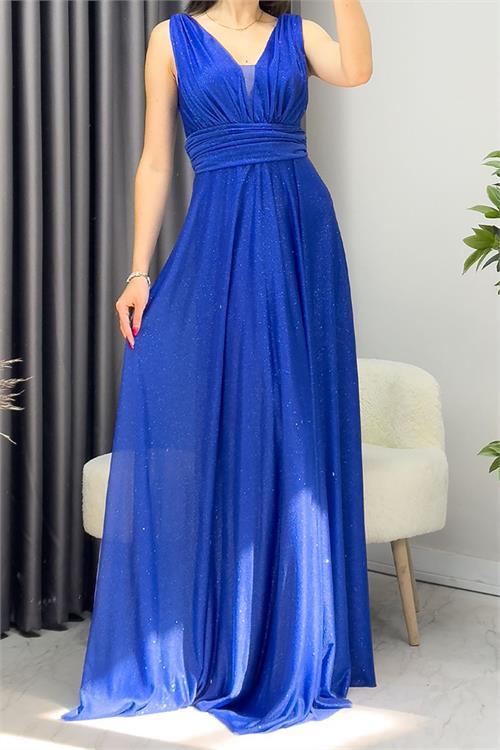 Dipmoda kadın saks drapeli tül abiye elbise DP2030