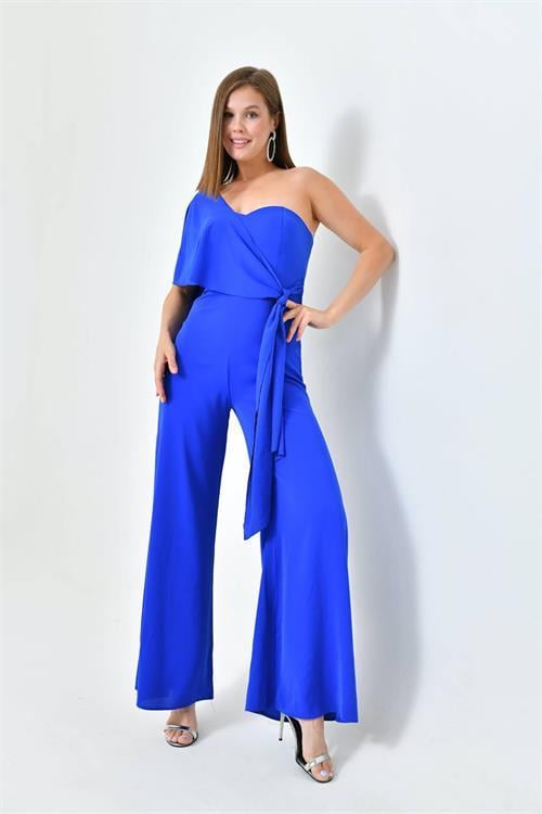 Dipmoda kadın saks mavisi kuşaklı straplez abiye tulum NBS9355 