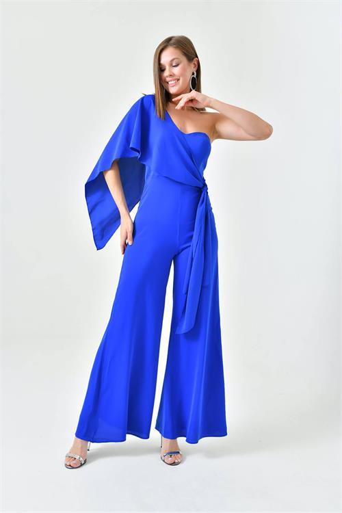 Dipmoda kadın saks mavisi kuşaklı straplez abiye tulum NBS9355 