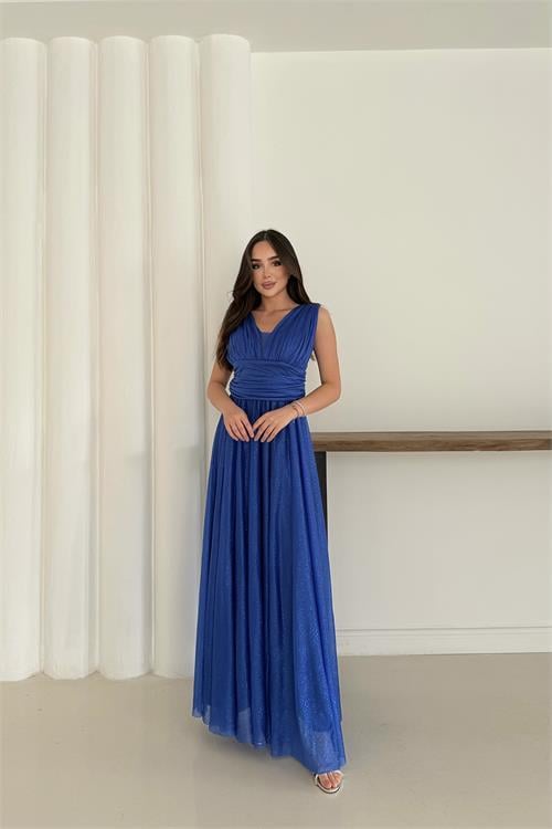 Dipmoda kadın saks simli büyük beden abiye elbise RYS9223