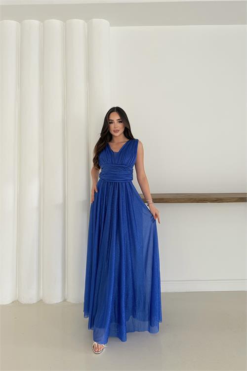 Dipmoda kadın saks simli büyük beden abiye elbise RYS9223