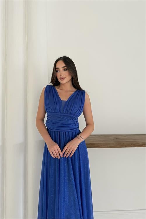 Dipmoda kadın saks simli büyük beden abiye elbise RYS9223