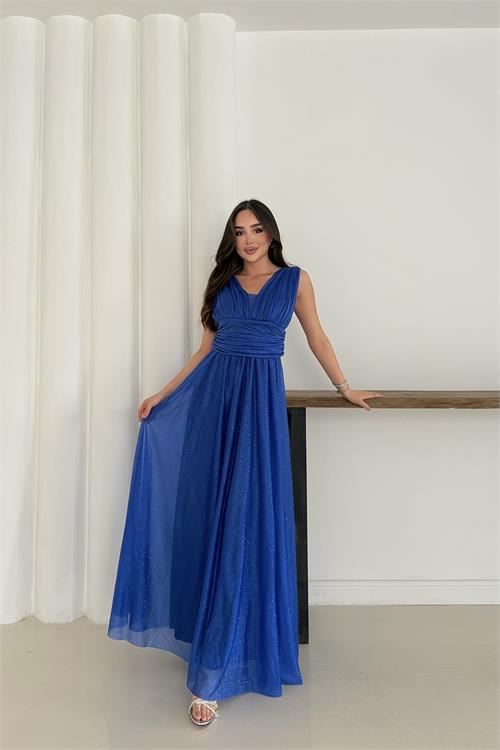 Dipmoda kadın saks simli büyük beden abiye elbise RYS9223