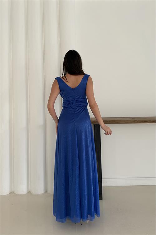 Dipmoda kadın saks simli büyük beden abiye elbise RYS9223