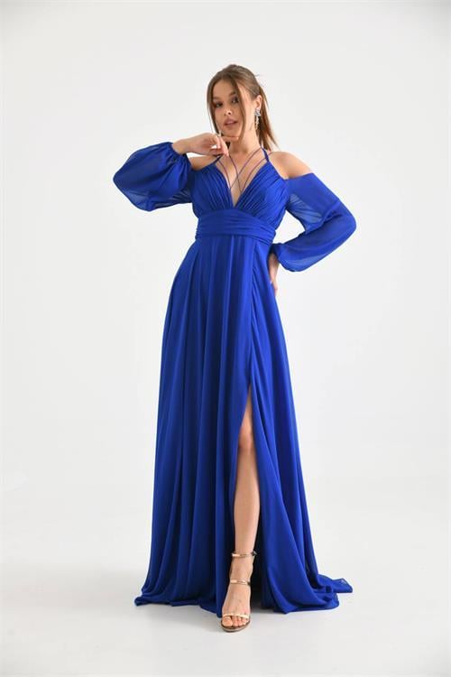 Dipmoda kadın saks yırtmaç detaylı şifon abiye elbise NBSWLL13 