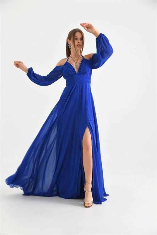 Dipmoda kadın saks yırtmaç detaylı şifon abiye elbise NBSWLL13 