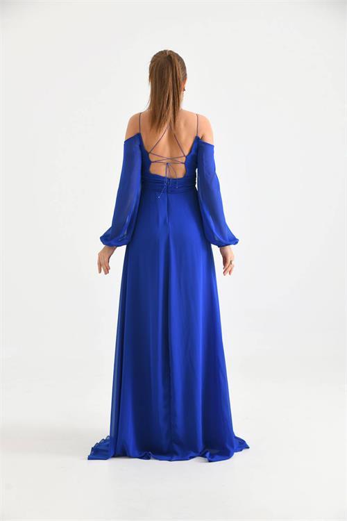 Dipmoda kadın saks yırtmaç detaylı şifon abiye elbise NBSWLL13 